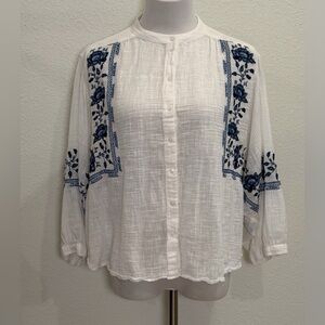 H&M L.O.G.G White Embroidered Peasant Blouse Top 10 Floral Blue Boho Cotton